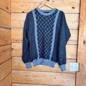 Vintage Geometric Textured Knit Sweater Mens Large Grey Abstract Grunge Sears